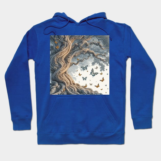 Arbre Noueux, Papillons et Oiseaux Envolés Hoodie by Zinoo